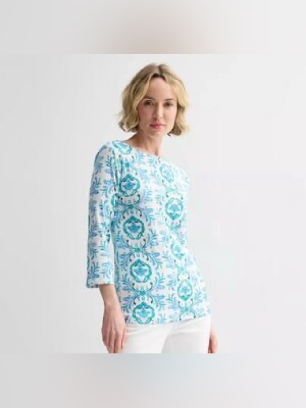 Croft & Barrow Floral Boat Neck Top Blue Cotton 3/4 Sleeve, Size 1X